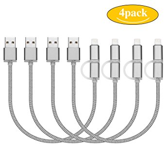 GoProof 2IN1 1FT Lightning Cable With Micro USB Connector Nylon Braided Charging Cords iPhone Cable Compatible with iPhone/iPad Devices,Samsung,HTC,and More[4pack] (Silver)