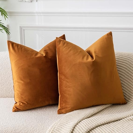 JUSPURBET Velvet Throw Pillow Covers for Sofa Couch Bed,Decorative Soft Pillow Cases Set of 2,18x18 Inches,Rust