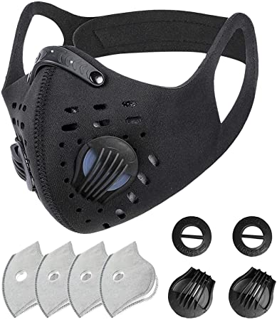 SKYLMW Face Mask Outdoor,Breathable Washable Dust Reusable Face Cover with 2 Replaceable Valves and 4 Replaceable Filters,for Workout Training Athletic Excersize Exercise Cycling Running Cover,Black