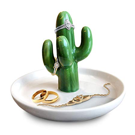 Ceramic Cactus Ring Holder Green & White | Ring, Bracelet, Jewelry, Trinket Tray/Dish | Great for Wedding Ring, Earrings, Diamond Ring & Engagement Ring Holder | Office Desk & Home Decor/Accessories