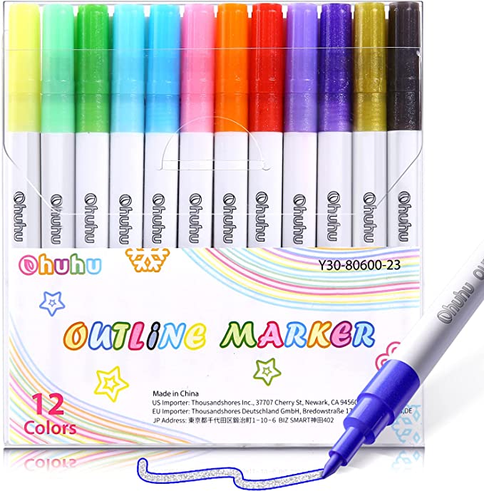 Self-outline Metallic Markers, Ohuhu 12 Colors Double Line Outline Marker for Journaling Gift Card Writing Making Coloring Sketching, Metallic Art Marker Pens for Kids Greeting Card Writing Pen Gift