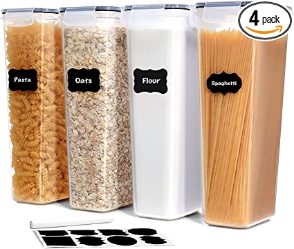 Lifewit 4pcs Airtight Pasta Storage Containers Spaghetti Box Set, 2.4L Food Canisters Organizer with Labels Marker for Flour Sugar Noodles Dry Food in Kitchen Pantry Cabinet Organization, BPA Free