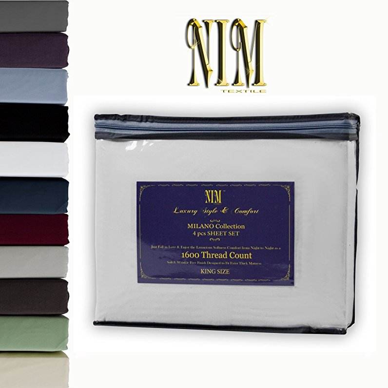 NIM Textile Luxury 1600 TC Softness Deep Pocket 4pc Bed Sheet Sets MILANO Collection - Light Gray, Full
