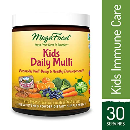 MegaFood - Kids Daily Multi Booster, Multivitamin Support for Well-Being and Healthy Development with Organic Turmeric and B Vitamins, Gluten-Free, Non-GMO, 30 Servings (1.8 oz)