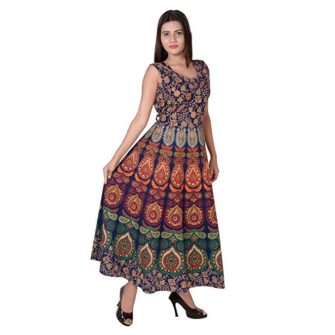 Jaipuri Fashionista Designer Cotton Women's Maxi Long Dress Jaipuri Printed (Free Size Upto 44-XXL)