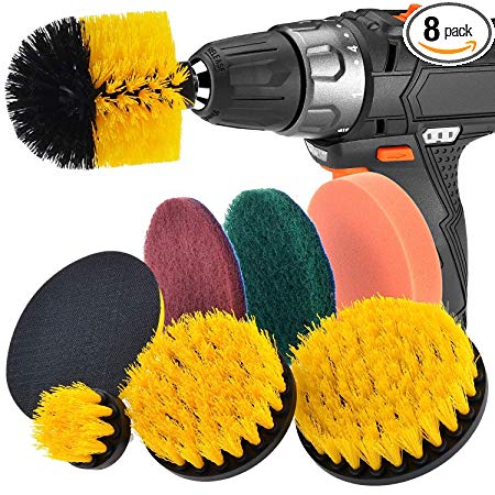 JUSONEY Drill Brush Scrub Pads 8 Piece Power Scrubber Cleaning Kit - All Purpose Cleaner Scrubbing Cordless Drill for Cleaning Pool Tile, Sinks, Bathtub, Brick, Ceramic, Marble, Auto, Boat