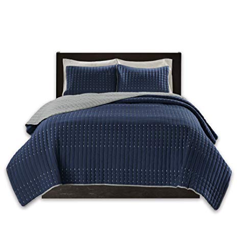 Comfort Spaces Reversible King Quilt Set Navy - 3 Piece Bayley Mini Quilt Set Navy Reverse – Embroidery Stitches King Size Quilt Includes 1 King Quilt / 2 Shams