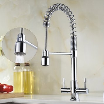 Avola Contemporary Chrome Kitchen Tap, Dual Levers Pull Down Swivel Spout Single Spray Kitchen Sink Mixer Tap