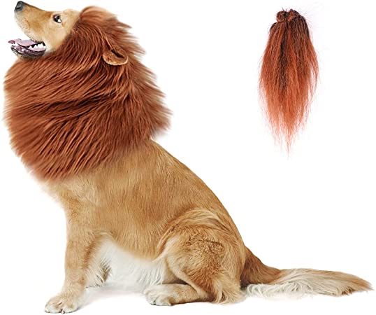 NEWBEA Lion Mane for Dog Costume, Realistic Funny Lion Wig for Medium to Large Sized Dogs, Halloween Fancy Dog Lion Mane