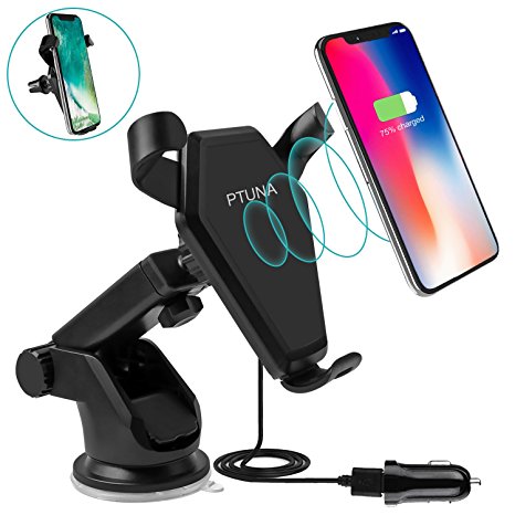 Wireless Car Charger, Ptuna Qi Wireless Charging 2-in-1 Air Vent Car Mount Charger for iPhone X 8 8 plus Samsung Galaxy S8 S8Plus Note 8 S6 S7Edge LG G2 & Qi Enabled Devices