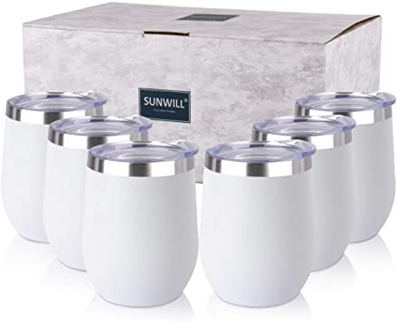 SUNWILL Insulated Wine Tumbler with Lid White 6 pack, Double Wall Stainless Steel Stemless Insulated Wine Glass 12oz, Durable Insulated Coffee Mug, for Champaign, Cocktail, Beer, Office