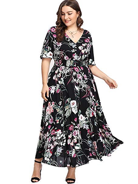 Romwe Women's Plus Size Floral Print Buttons Short Sleeve V Neck Flare Flowy Maxi Dress