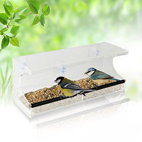 Window Bird Feeder - See-Through Acrylic - Clear, Removable Slide Out Tray - Drainage Holes Keep Bird Seed Fresh - 3 Suction Cups For Easy Mounting - Perfect for Adults, Kids, Pets, Home Bird Watching