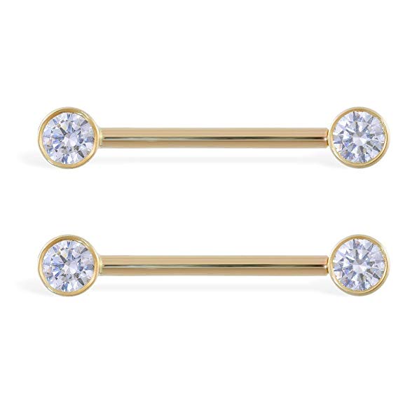 MsPiercing 14K Gold Nipple Ring With Bezel Setting CZ, 14 Ga, Material:14K Yellow Gold