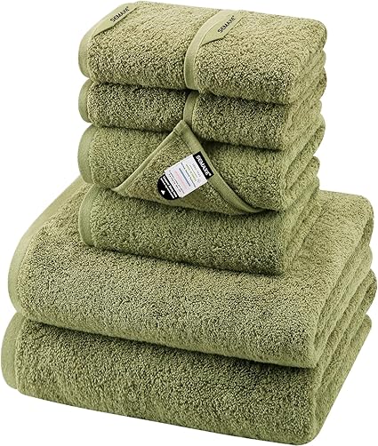 SEMAXE Bath Towel Set, 100% Cotton Absorbent Bathroom Towels with Hanging Loops and Nano-Bio Lifecycle Labels, 8 Piece Towel Set Include 2 Bath Towels, 2 Hand Towels, 4 Washcloths, Green