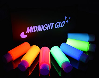 UV Neon Face & Body Paint Glow Kit - Top Rated Blacklight Reactive Fluorescent Paint - Safe, Washable, Non-Toxic, (7 Bottles 2 oz. Each) - 21 LED UV Flashlight - Bonus Paint Brush Set! Midnight Glo