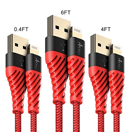 Aimus iPhone 7 Charger Lightning Cable 3 Pack 0.4FT 4FT 6FT Nylon Braided 8 Pin Lightning to USB Charging Cable Cord Compatible with iPhone X/8/8 Plus/7/7 Plus/6/6S Plus/5S/iPad and iPod (Red)