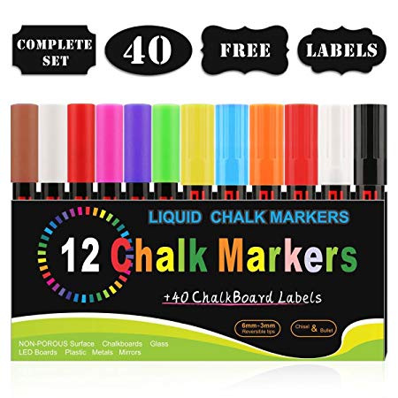 Chalk pens, Blusmart Liquid Chalk Ink Pens Wet Wipe Erase Bright Colors Neon Colour Markers for Chalkboard, Whiteboard, Window, Labels, Bistro, Blackboard, Glass Fine Tip & Chisel Nib Pack of 12