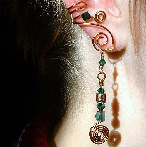 Celtic Spirals 2-in-1 Ear Cuff Emerald Green, No piercing required