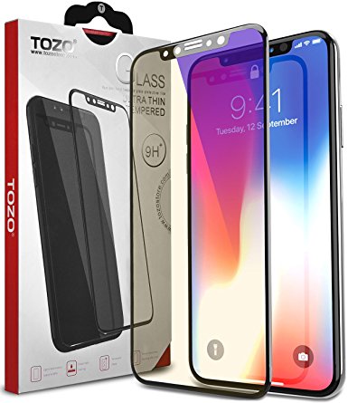 TOZO for iPhone X Screen Protector Glass Anti Blue-Ray [ 3D Full Frame ] Technology Premium Tempered 9H Hardness 2.5D PET [Soft Edge Hybrid] Super Easy Apply for iPhone 10 / X [Black]