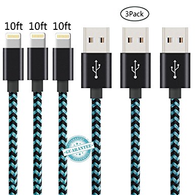 iPhone Cable - 3Pack 10FT, DANTENG Extra Long Charging Cord - Nylon Braided 8 Pin to USB Lightning Charger for iPhone 7,SE,5,5s,6,6s,6 Plus,iPad Air,Mini,iPod(Green Black)