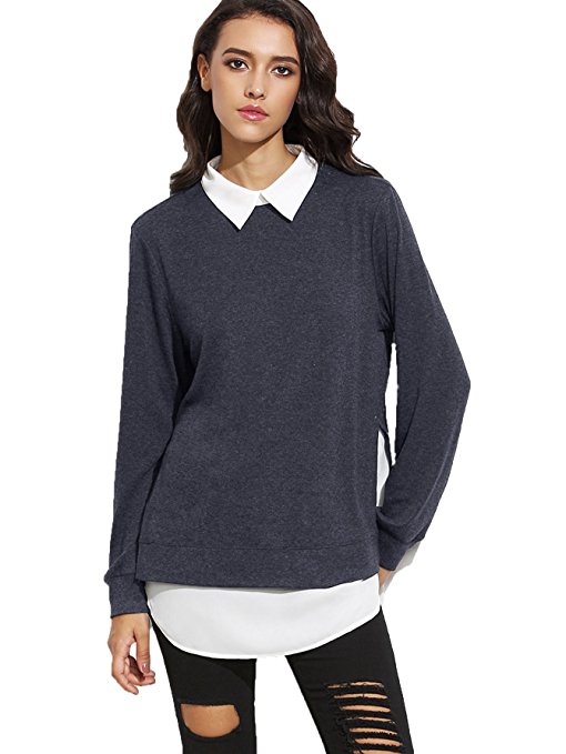 ROMWE Women's Classic Collar Long Sleeve Curved Hem Pullover Sweatshirt