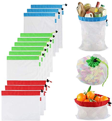 Reusable Mesh Produce Bags,12PCS Washable Mesh Bag Eco Friendly Toy Fruit Vegetable Produce Bags with Drawstrings for Home Shopping Grocery Storage - 3 Various Sizes 12x17In,12x14In,12x8In