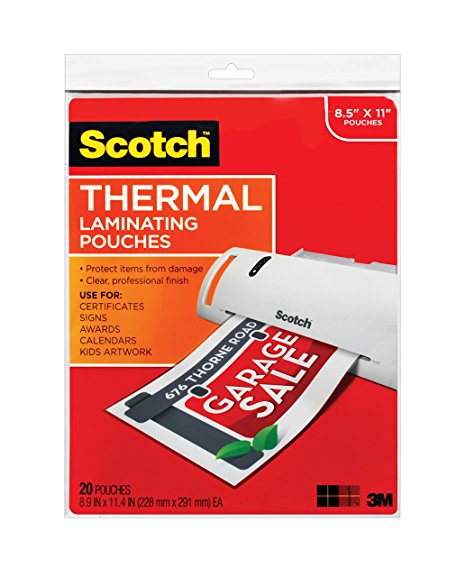 Scotch Thermal Laminating Pouches, 8.9 x 11.4-Inches, 3 mil thick, 20-Pack (TP3854-20),Clear