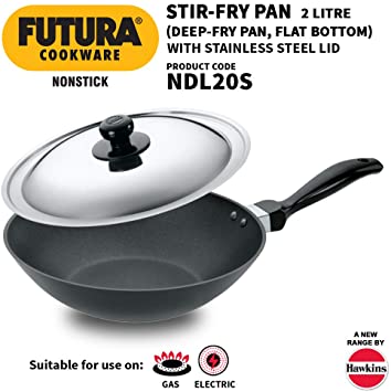 Futura Non-Stick Deep-Fry Pan(Kadhai) 2.0 Litre with Steel Lid and Flat Bottom