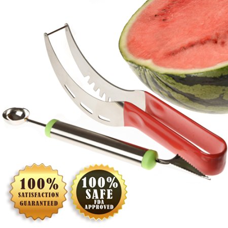 Samurai Slicer - Watermelon Slicer, Corer, Cutter & Server Knife Plus Melon Baller - Multifunctional Kitchen Gadget Server Tongs For Melons, Cantaloupes, Honeydews - Best Tool For Fresh Fruit Salads