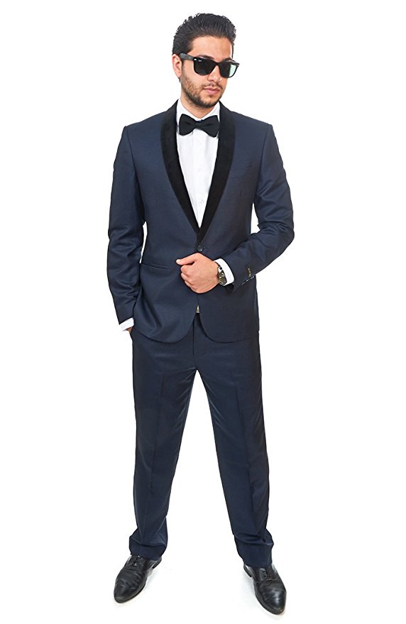 Slim Fit Men Suit / Tuxedo Navy Blue 1 Button Shawl Velvet Lapel By Azar Man