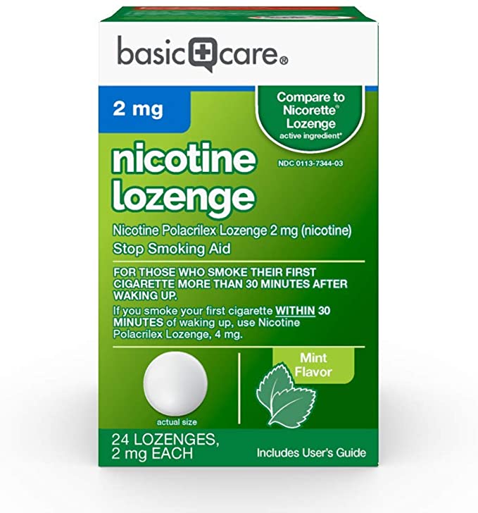 Basic Care Nicotine Polacrilex Lozenge, 2 mg (nicotine), Stop Smoking Aid, Mint Flavor, 24 Count