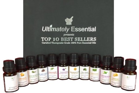 Ultimately Essential Oils Top 10 Gift Set 10/10ml 2 Empty to Blend - Highest Quality 100% Pure Therapeutic Frankincense Lavender Peppermint Rosemary Oregano Tea Tree Eucalyptus Lemon Orange Clary Sage