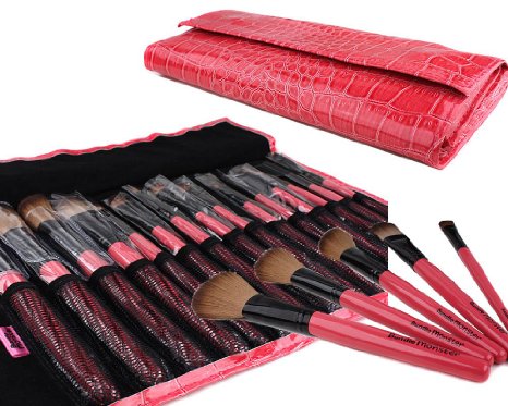 Bundle Monster 15pc Studio Pro Makeup Make Up Cosmetic Brush Set Kit w/ Pink Faux Crocodile Case - For Eye Shadow, Blush, Eyeliner, Etc.