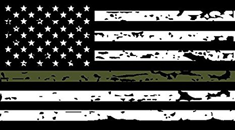 Thin Green Line Tattered US Flag Decal. 3M Outdoor Series Highly Reflective Vinyl. Black, White & OD Green American Flag Sticker.