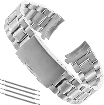 LUOEM Stainless Steel Watch Strap Curved Handles 20 mm Fixing Rods Included Silver Strap, Silver, Bracelet