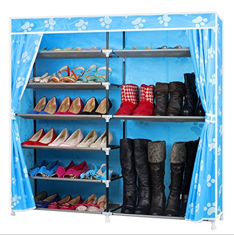 Blueidea® Portable 7-Tier Shoe Rack With Oxford Fabric Cover 36-Pair Shoes Storage Cabinet Organizer Covered Shoe Shelf, Curtain-Open Design (Blue)