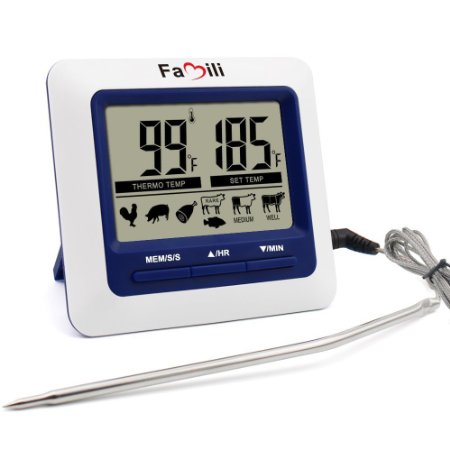 Famili BBQ Grill Smoker Meat Thermometer With Steel Probe Temperature Alert for Food Cooking