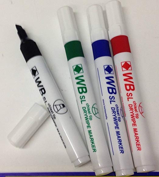 12x ASSORTED SL WHITEBOARD FLIPCHART CHISEL TIP MARKER PENS. 3 EACH OF BLACK, BLUE, RED AND GREEN. CHISEL TIP. DRYWIPE. 3 PACKS OF 4 ASSORTED PENS