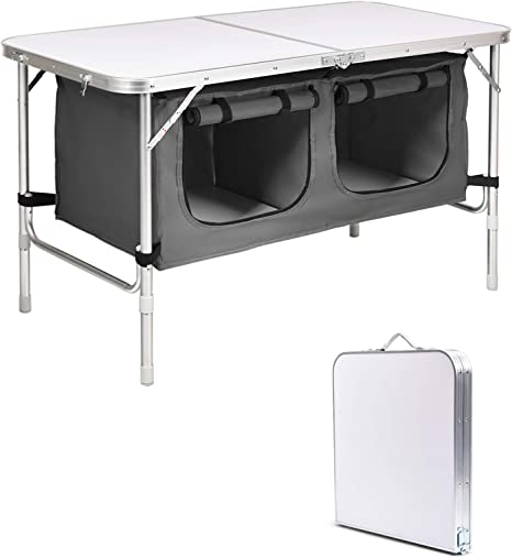 COSTWAY Folding Picnic Table, Height Adjustable Camping Tables with Storage Compartments Cabinet and Carrying Handle, Outdoor Garden Patio Kitchen Portable BBQ Table (Grey)