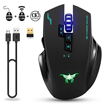Hotyet 2.4G Wireless USB Wired 2in1 Rechargeable Gaming Mouse,Professional Optical Mice for PC,Computer,Laptop and Mac book with 4 Adjustable DPI Levels, 8 Buttons,3 Colors Breathing Lights Black