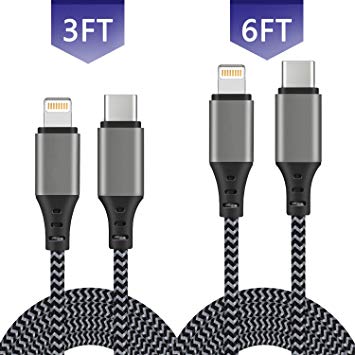 Sundix 2Pack 3ft 6ft USB C to Lightning Cable Nylon Braided Charging Syncing Cord Compatiable with iPhone X 8 8 Plus 7 7 Plus 6 7s Plus SE Connect MacBook