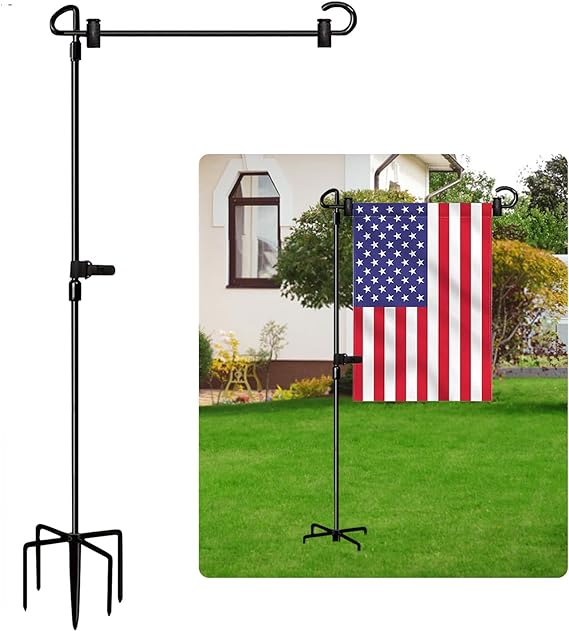 Garden Flag Stand, Premium Garden Flag Pole Holder Metal Powder-Coated Weather-Proof Paint with one Tiger Clip and two Spring Stoppers without flag (Black 1 Pack with 5 Prongs)