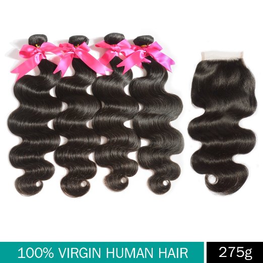 Hair Bundles with Closure, Coosa 4 Bundles 240g Brazilian Virgin Remy Human Hair Extension Weave Body Wave   Free Part Swiss Lace Closure 35g (4*4) (18 20 22 24 16)
