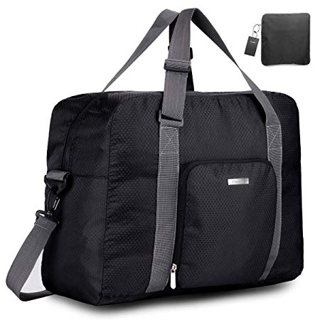 Travel Foldable Duffel Bag for Women & Men, Waterproof Lightweight Travel Luggage Bag for Sports, Gym (Black&Grid)
