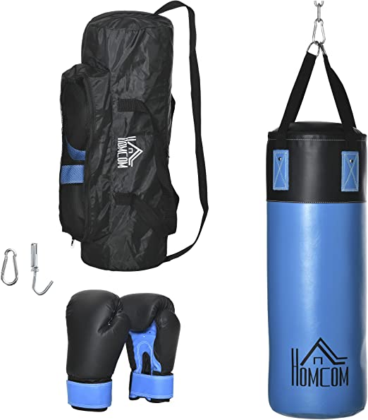 HOMCOM Saco de Boxeo Profesional Punching Bag con Guantes de 8 oz Gancho y Bolsa de Almacenaje Saco de Arena de Entrenamiento para Adultos y Adolescentes Ø25x102 cm Azul