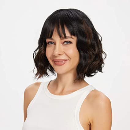 JessLab Bob Wig with Bangs, 12 Inches Natural Look Synthetic Curly Wavy Bob Wigs for Women Short Wig with Air Bangs Hair Extension Bob Style Heat Resistant Hairpiece Cosplay Wig
