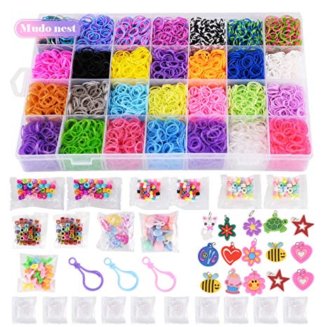 11,000  Rainbow Loom Rubber Bands Refill Set: 10,000 Premium Looms Rubber Bands 42 Unique Colors, 500 Clips, 210  Beads, 85 ABC Beads to bracelet Maker Making Kit For Kids, 46 Charms, 3 Backpack Hooks