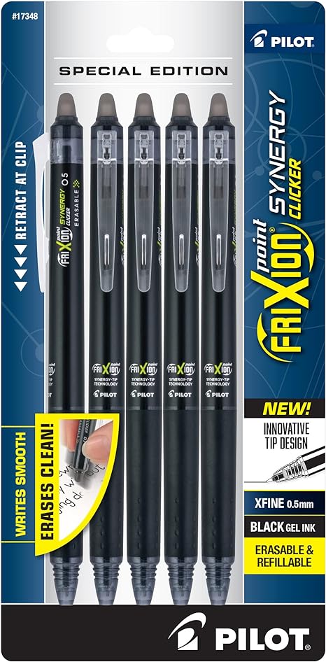 PILOT FriXion Synergy Clicker Erasable, Refillable & Retractable Gel Ink Pens, 0.5mm Extra Fine Point, Black Ink, 5-Pack