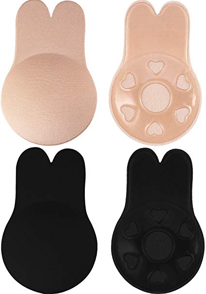 2 Pairs Women Lift Nipplecovers Rabbit Strapless Backless Bra, Self Adhesive Silicone Invisible Bra, Black and Flesh